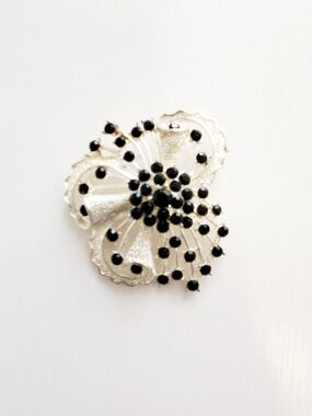 Silver Floral Brooch with Black Accents - Women Jewelry